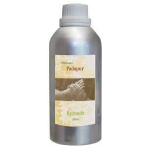 eine silberfarbige Flasche mit weißem Schraubverschluß und hellgelben Aufkleber mit Bild von einem Fuß, Fussmassageöl Padapur - Ayurveda Massageöl
