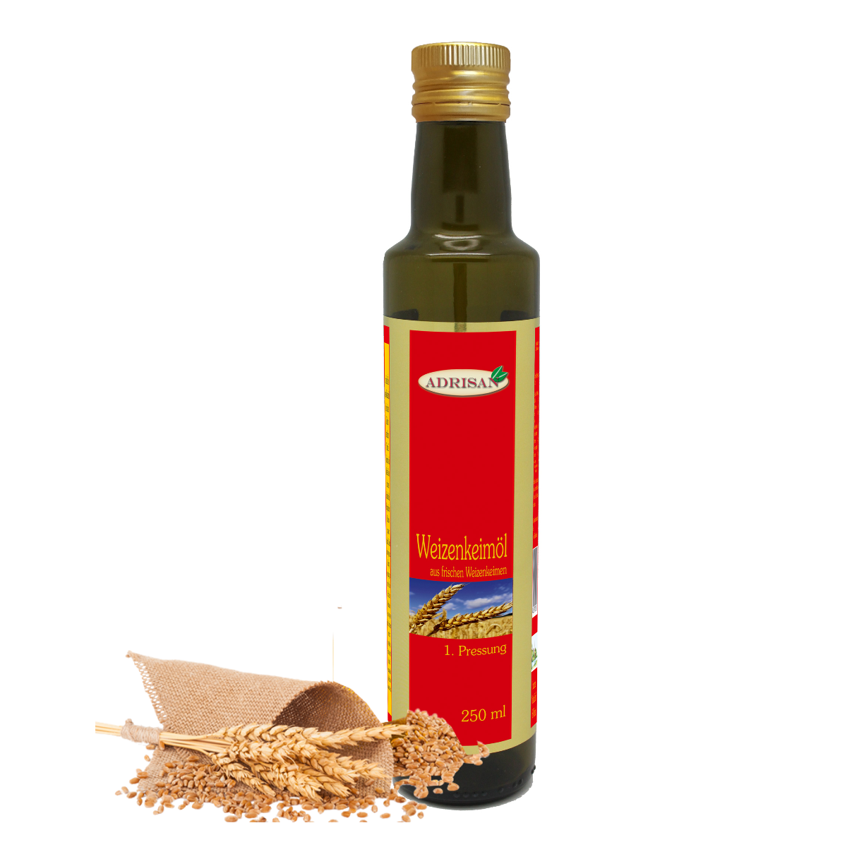 eine dunkle schlanke Flasche mit rotem Produktaufkleber steht neben liegenden Weizenähren, Weizenkeimöl