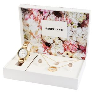 In einer rosa Geschenkbox mit blumigem rosa Blüteninnenleben und weiss ausgekleidet enthält Uhrenset mit Armbanduhr Kette Ohrringe Damenuhr gold mit Strass