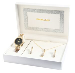 In einem silberfarbenen Geschenketui weiss ausgekleidet befinden sich goldene Armbanduhr Halskette und Ohrringe mit Strass, Uhrenset, Schmuckset